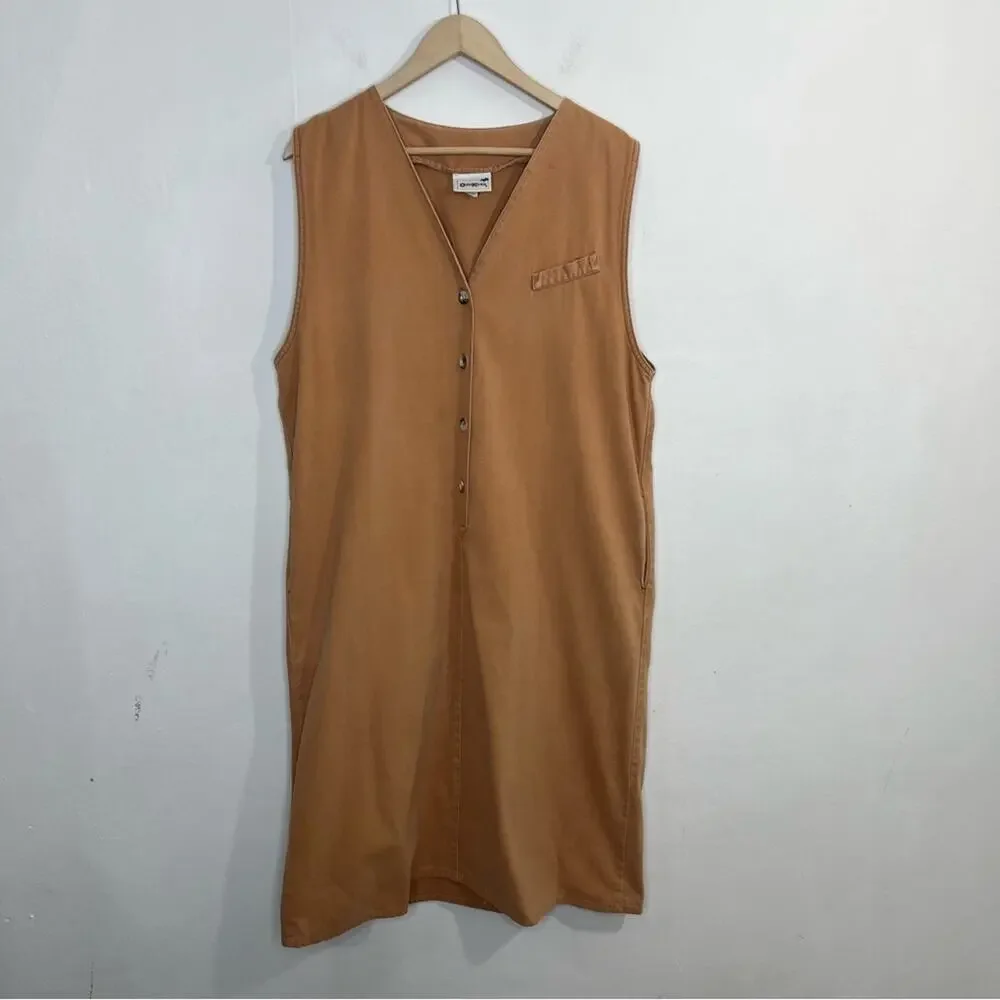 Vintage OshKosh Cotton Weathered Hazel Brown V Neck Dress Women's Size 12